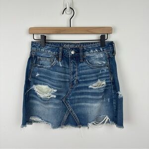 American Eagle Medium Wash Denim Distressed Jean Mini Skirt, 0